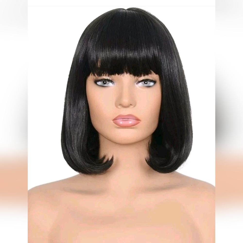 Morvally Heat Resistant Synthetic Wig Straight Bob With Bangs In Black Brand New